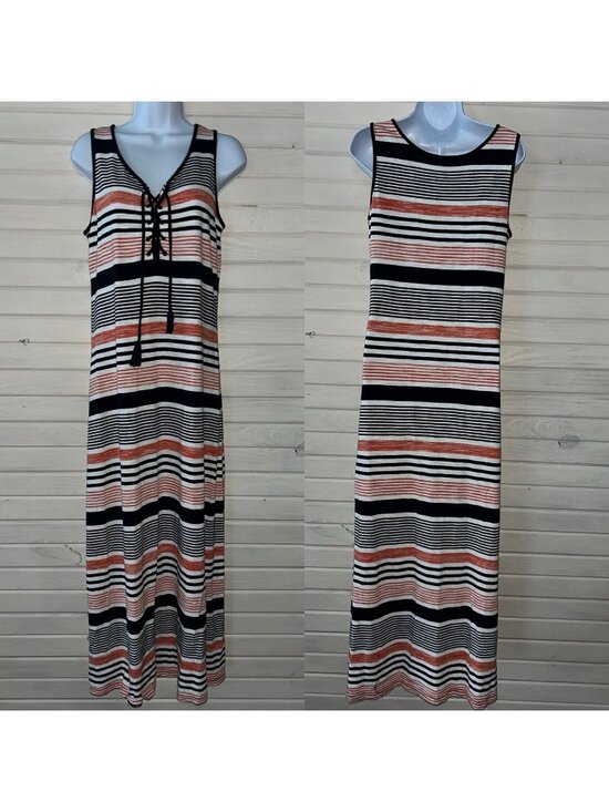 Talbots Dresses & Skirts - Talbots Sz MEDIUM Blue Orange Ivory Stripe Knit Dress Pullover Lace-up Neck EUC